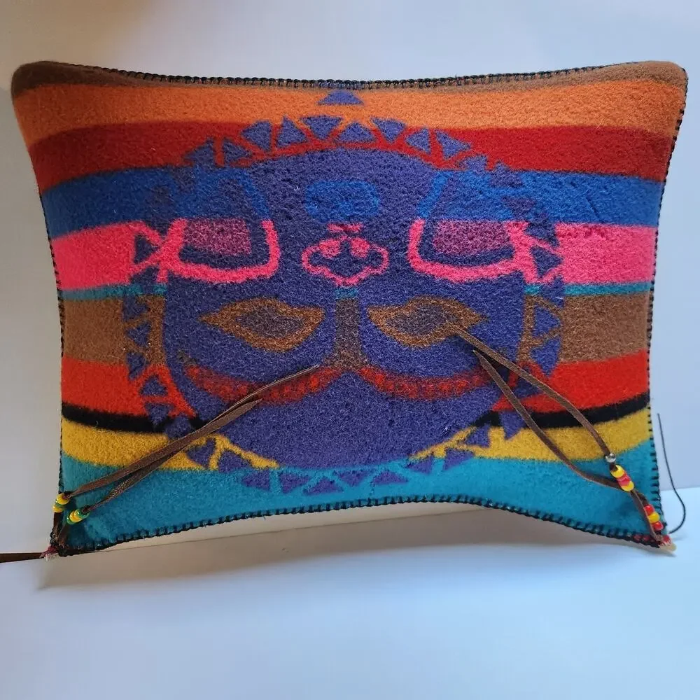 Vintage 70s Artisan Wool Leather Folk Art Tribal Boho Hand Stitched Pillow 20x15